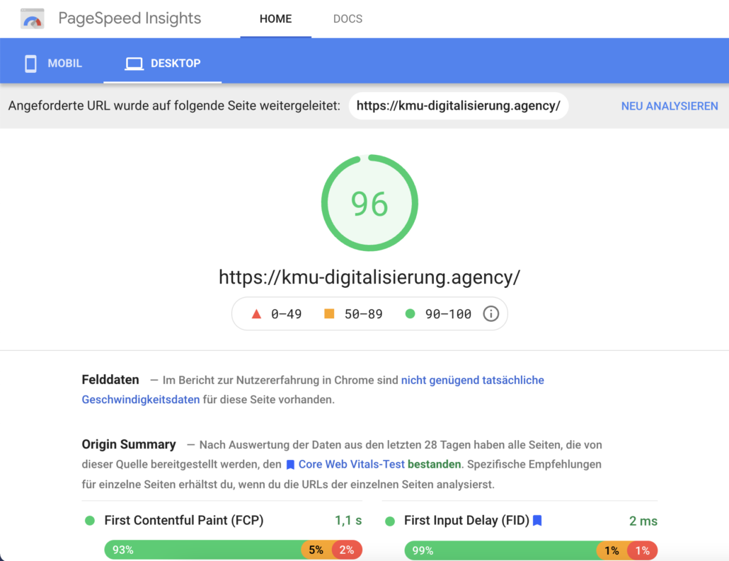 PageSpeed Insight KMU Digitalisierung