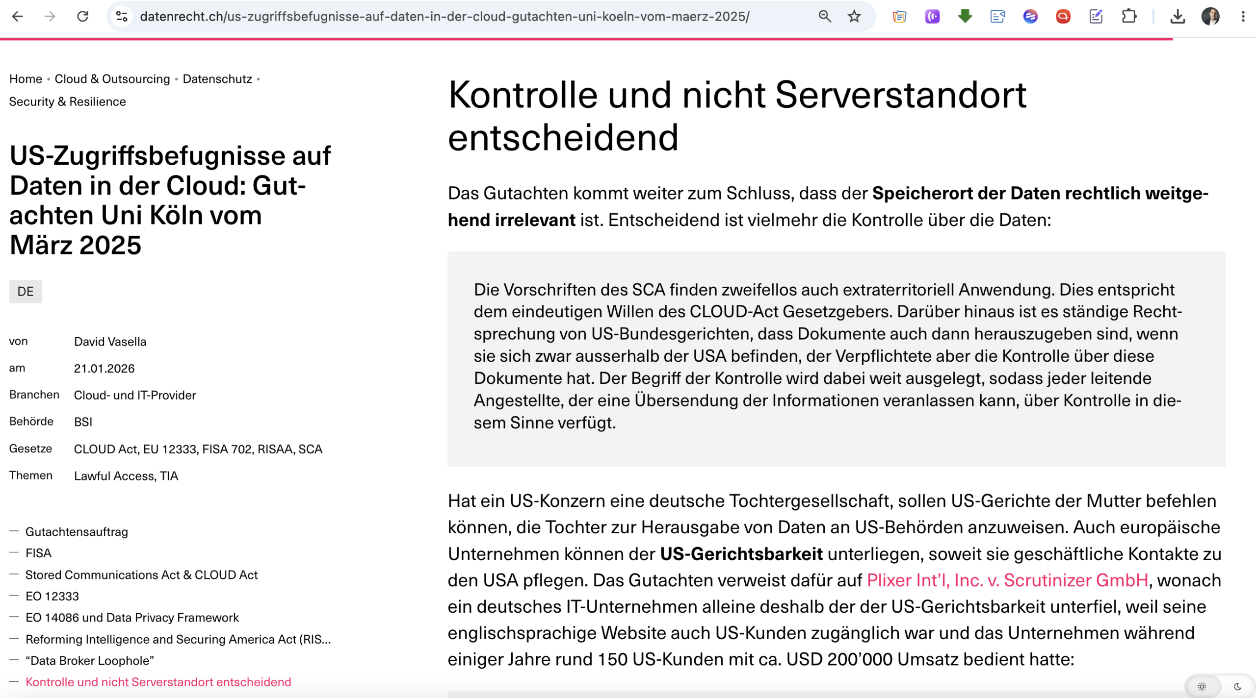 Gutachten zu US Zugriffbefugnis durch US Cloud Act