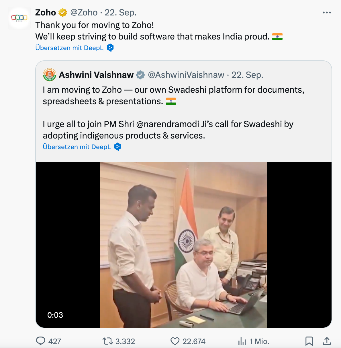 GoI Goverment of India nutzt Zoho die Alternative für Microsoft