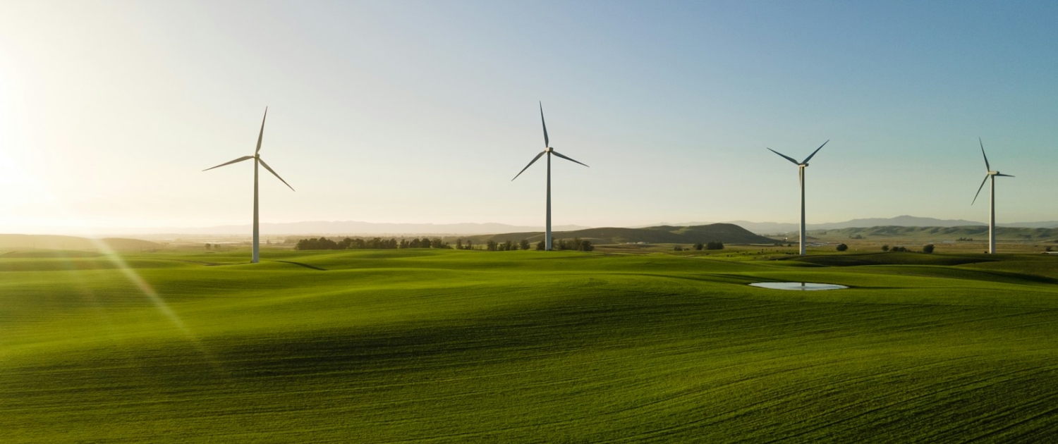 a group of wind turbines in a green field